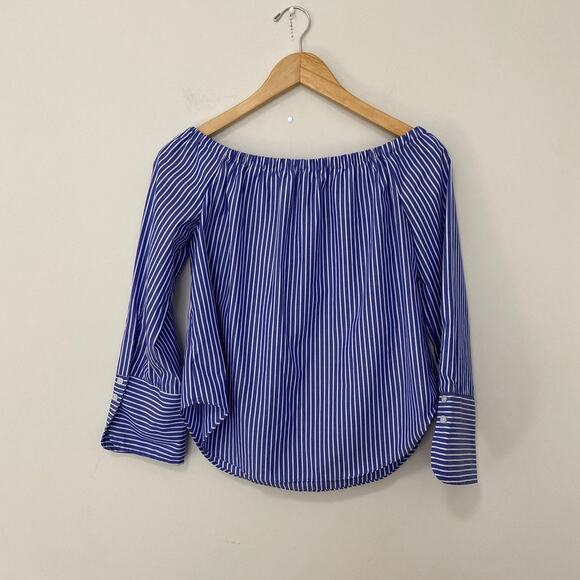 Forever 21 Blue Stripe Floral Embroidery Off the Shoulder Blouse Size Small - Picture 2 of 6